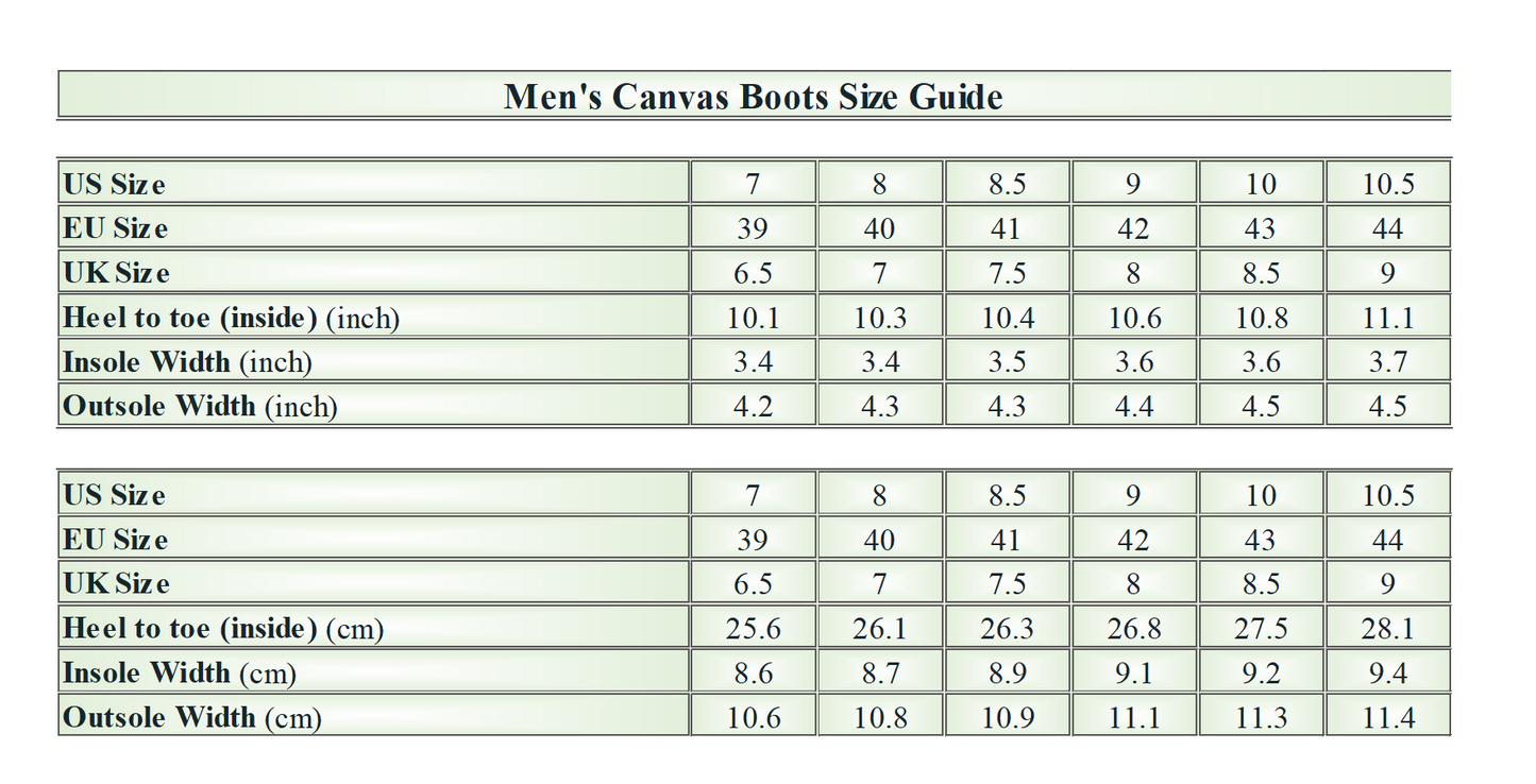 Madanok - Men's Canvas Boots - Size Chart