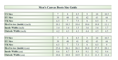 Madanok - Men's Canvas Boots - Size Chart