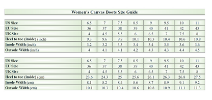 Madanok - Women's Canvas Boots - Size Chart