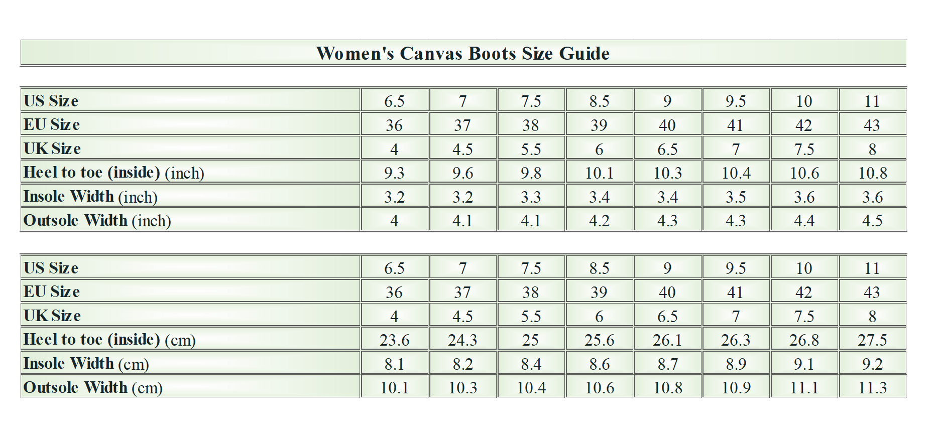 Madanok - Women's Canvas Boots - Size Chart