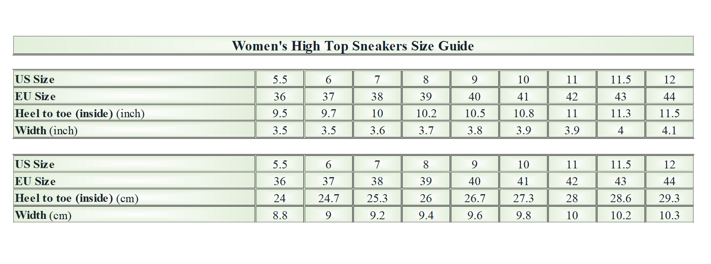 Madanok - Women's High Top Canvas Shoes - Size Chart