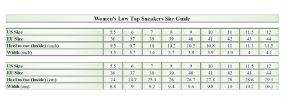 Madanok - Women's Low Top Canvas Shoes - Size Chart