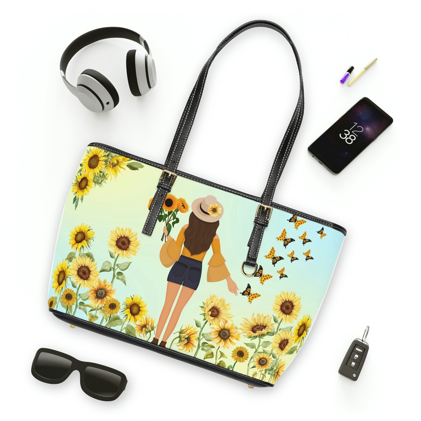 Sunflower Field PU Leather Shoulder Bag - Leather Tote Bag - Elegant Tote Bag