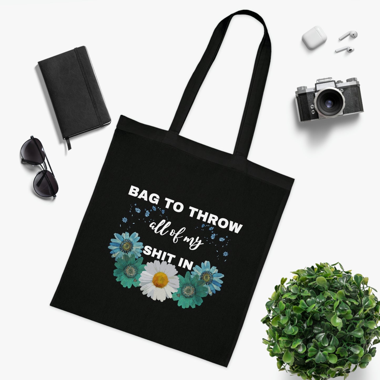 Flowery Canvas Tote Bag | Reusable Grocery Bag | Shoulder Bag | Cute Tote Bag | Black