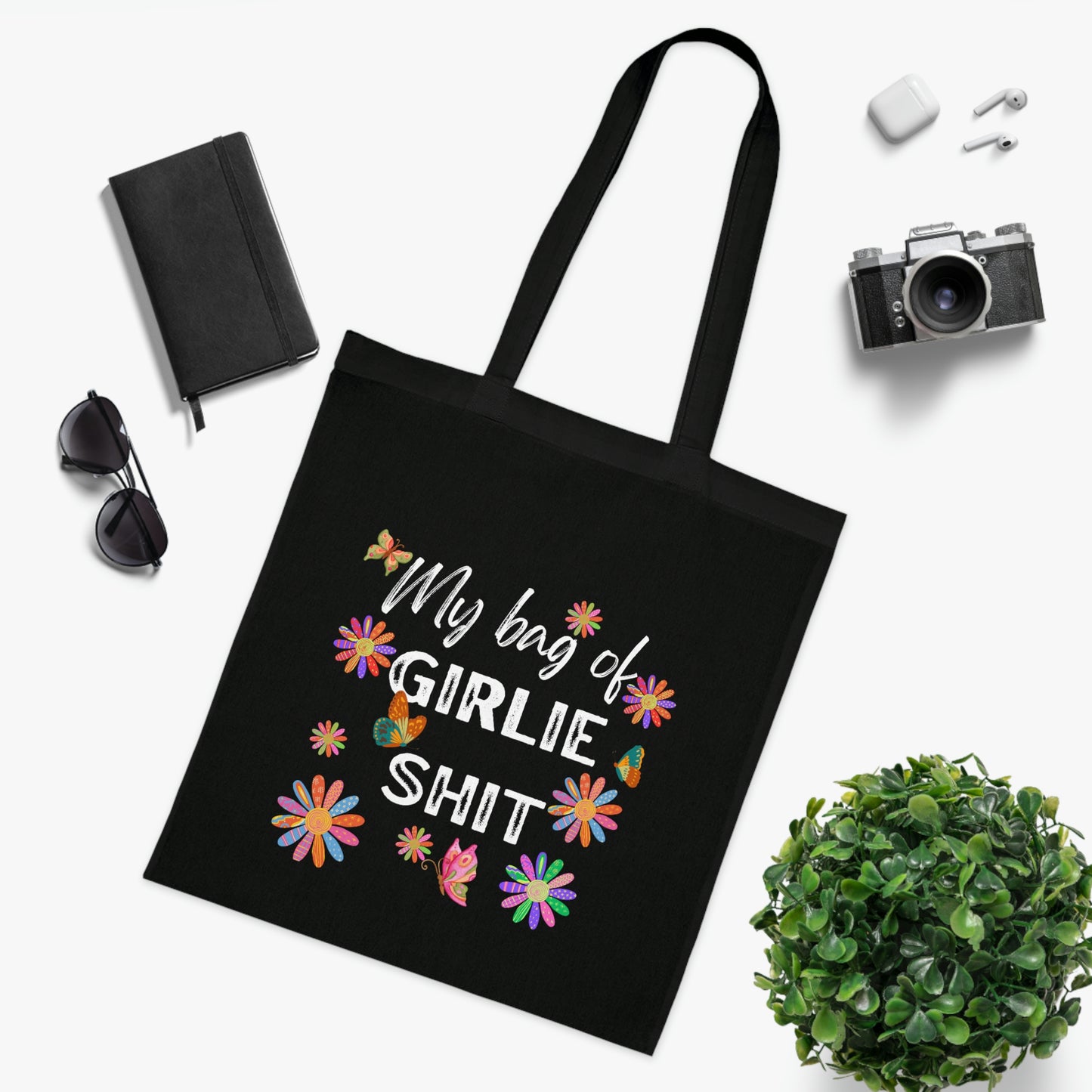 Girlie Shit Canvas Tote Bag | Reusable Grocery Bag | Shoulder Bag | Cute Tote Bag | Black