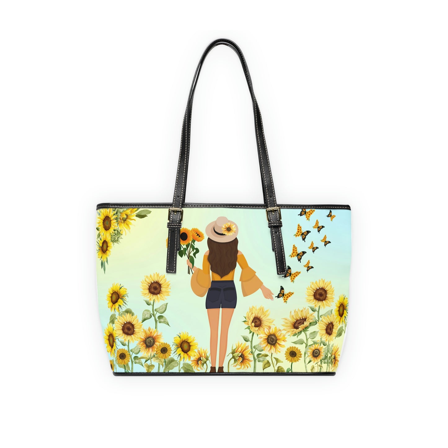 Sunflower Field PU Leather Shoulder Bag - Leather Tote Bag - Modern Tote Bag