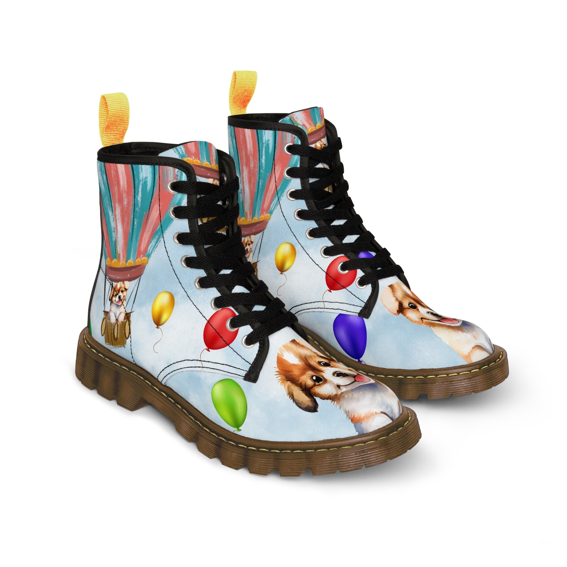 Puppy in The Hot Air Balloon Women's Canvas Boots - Women’s Boots - Brown - Left And Right