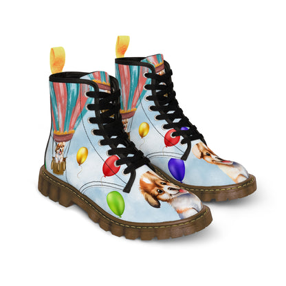 Puppy in The Hot Air Balloon Women's Canvas Boots - Women’s Boots - Brown - Left And Right