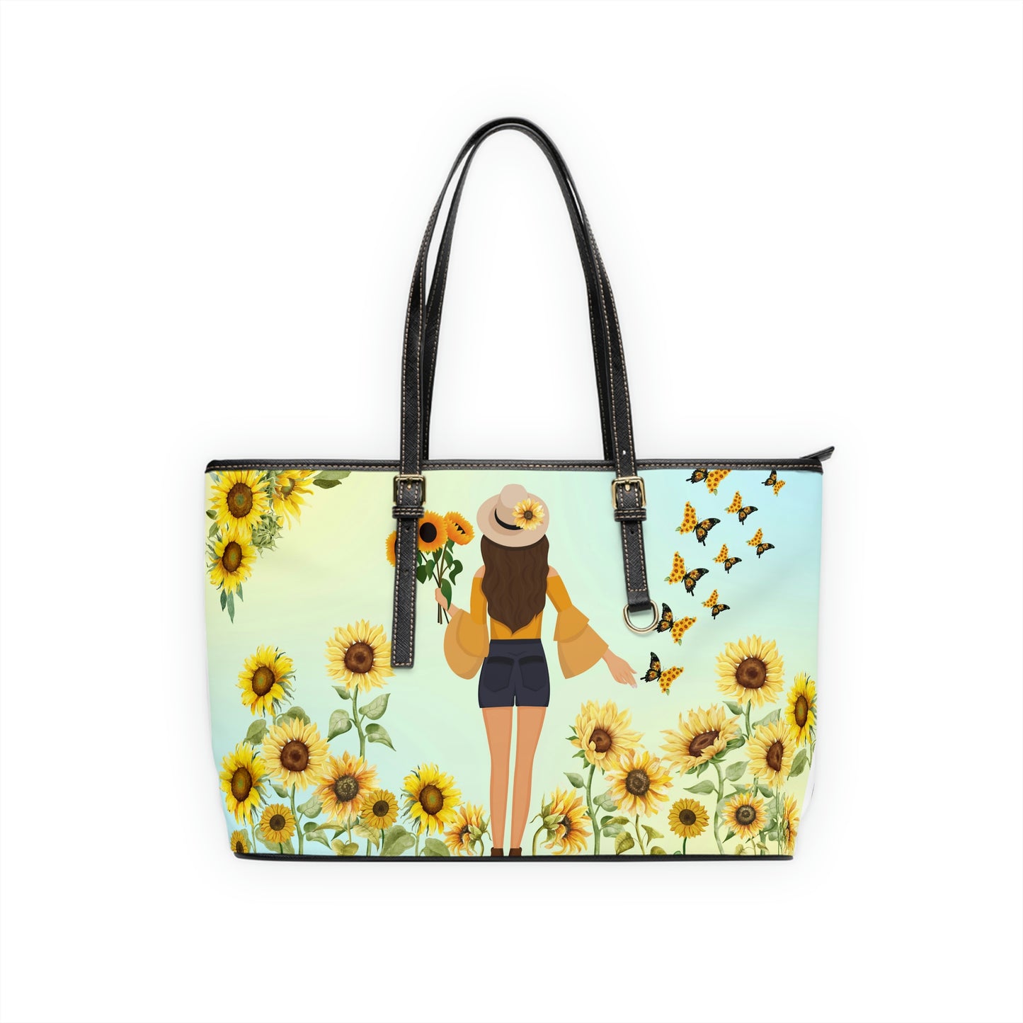 Sunflower Field PU Leather Shoulder Bag - Leather Tote Bag - Side