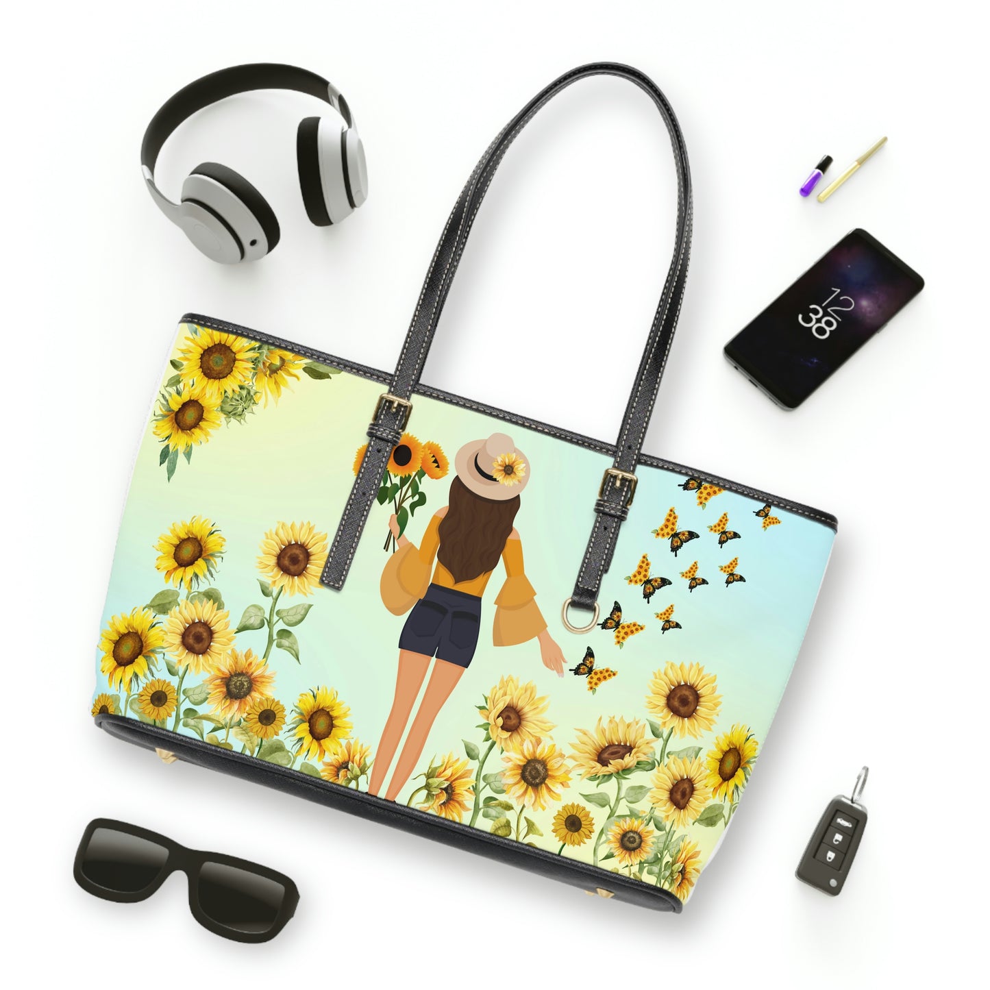 Sunflower Field PU Leather Shoulder Bag - Leather Tote Bag