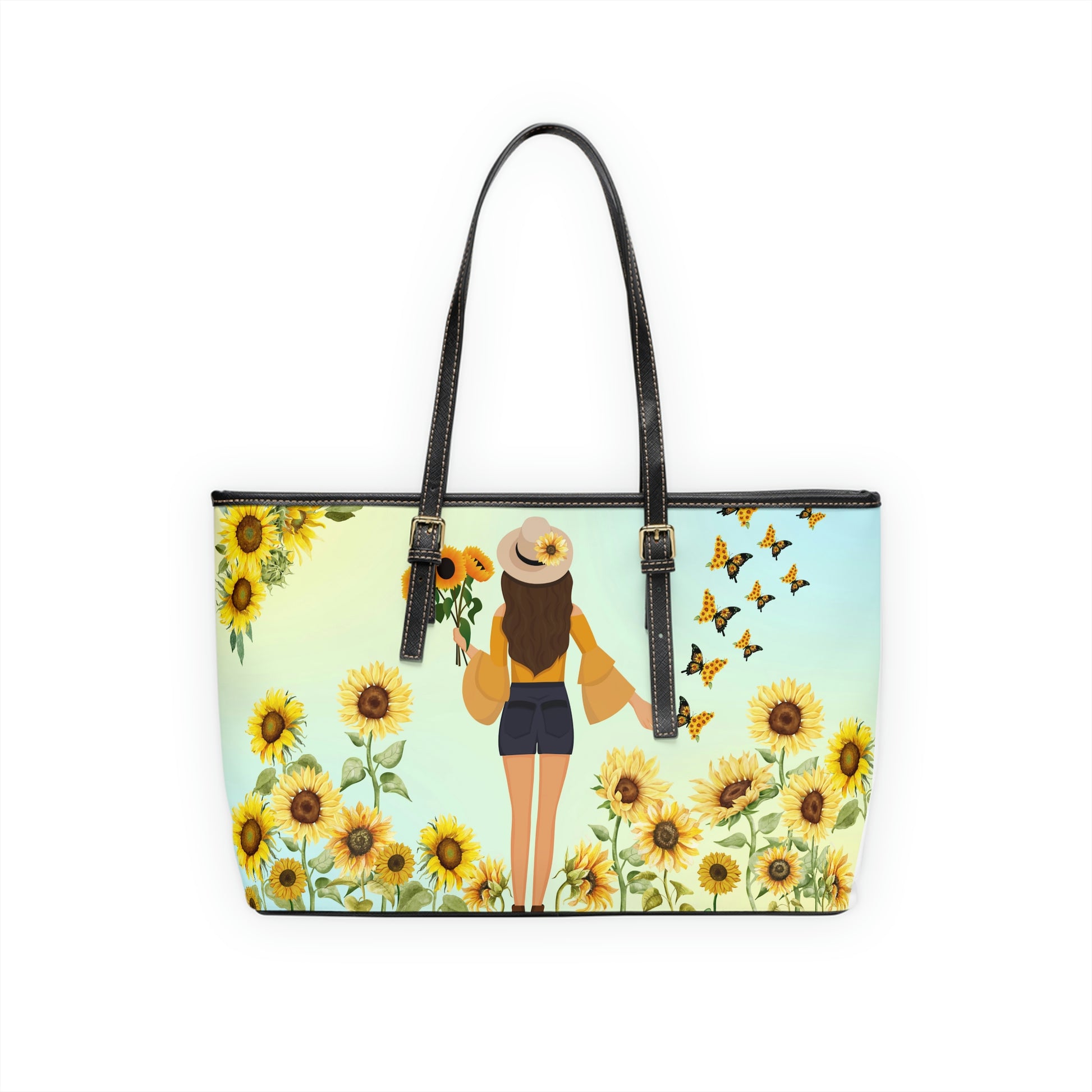 Sunflower Field PU Leather Shoulder Bag - Leather Tote Bag - Modern Bag