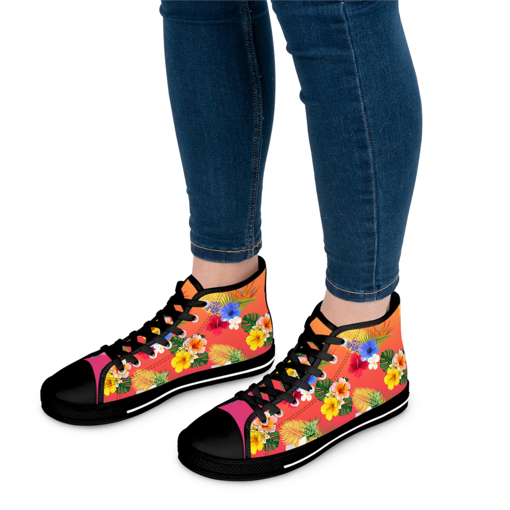 Tropical Flowers Women's High Top Canvas Shoes - Sneakers - Black - On The Go