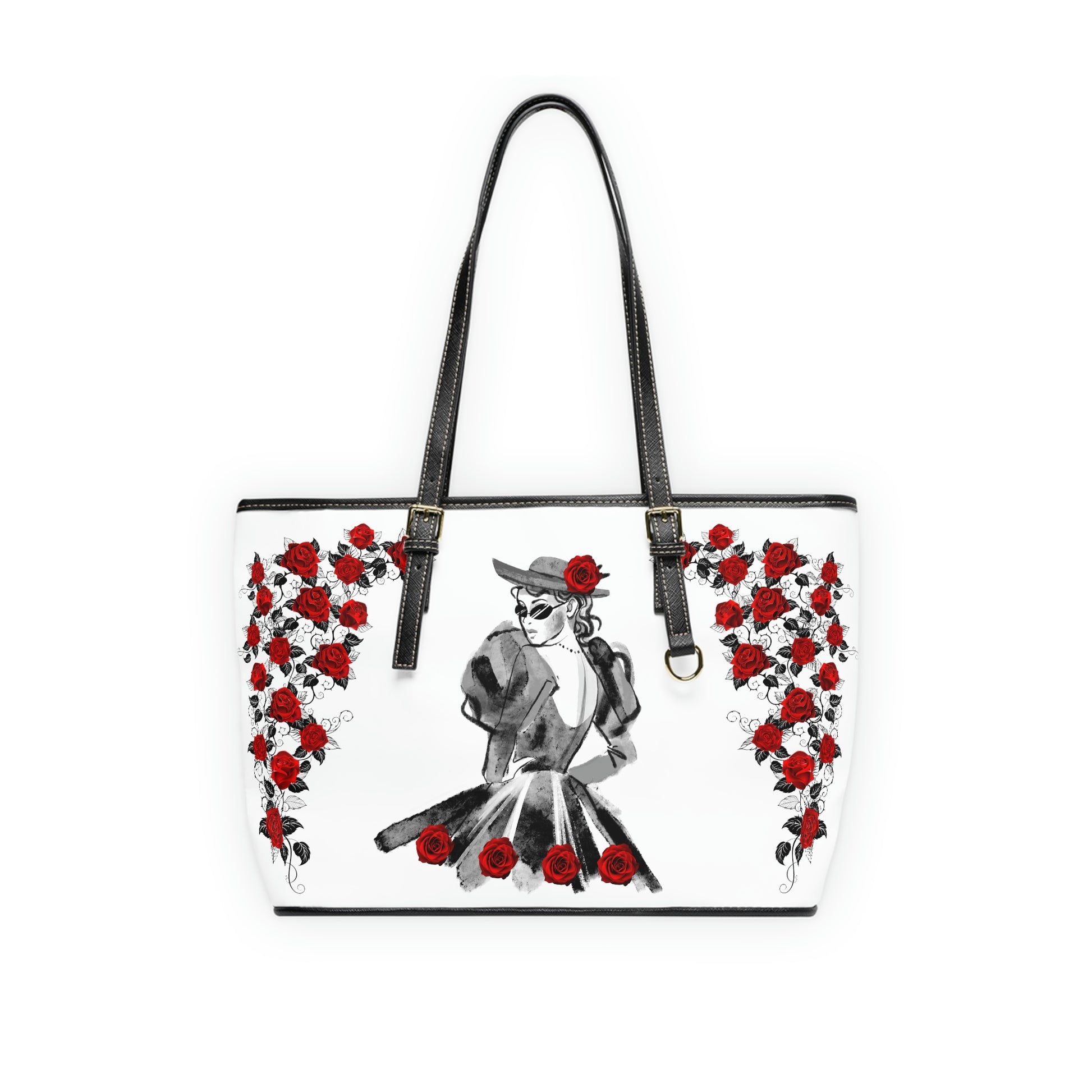 Lady Under The Roses PU Leather Shoulder Bag - Leather Tote Bag - Stylish BAg