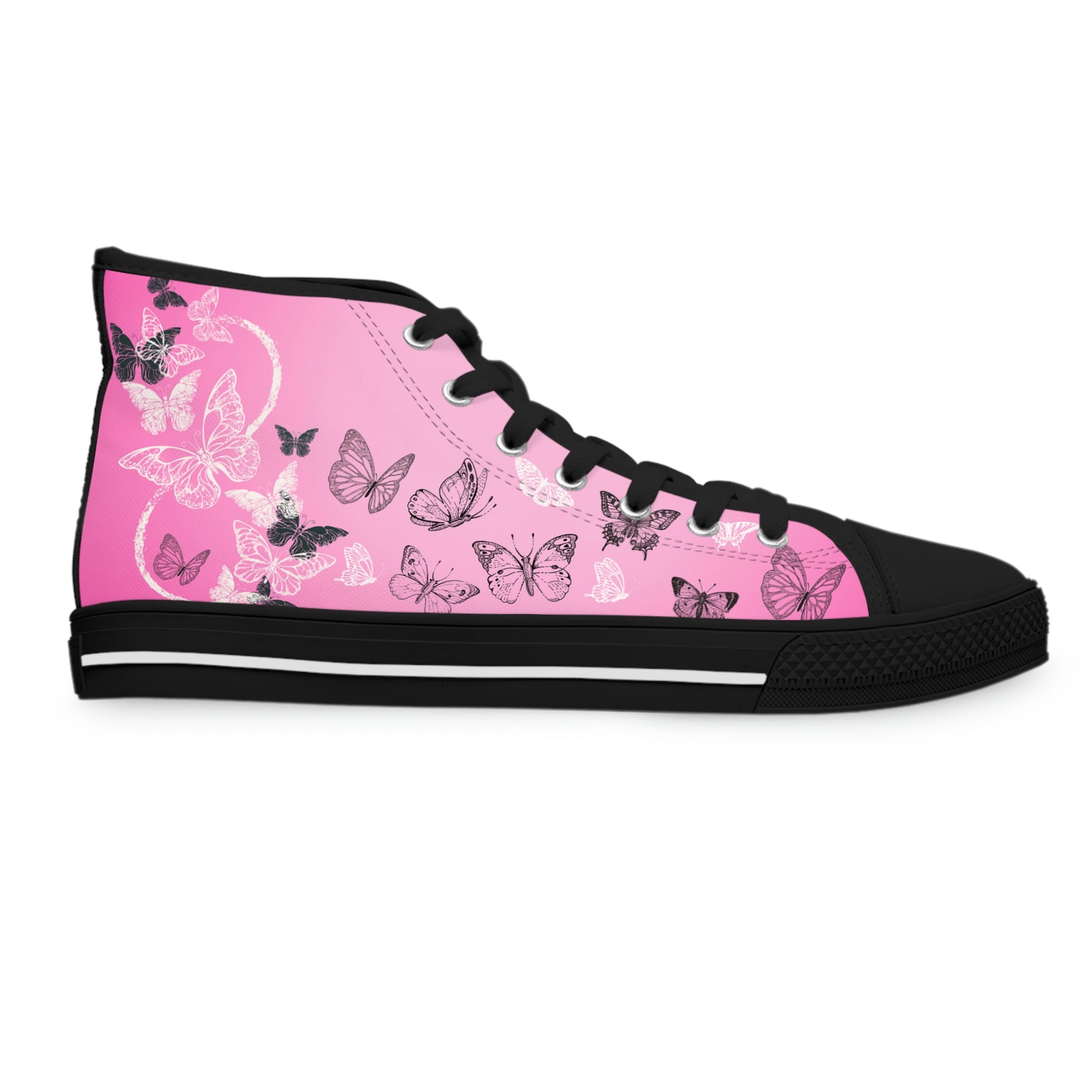 Pink Butterflies Women's High Top Canvas Shoes - Sneakers - Black - Right