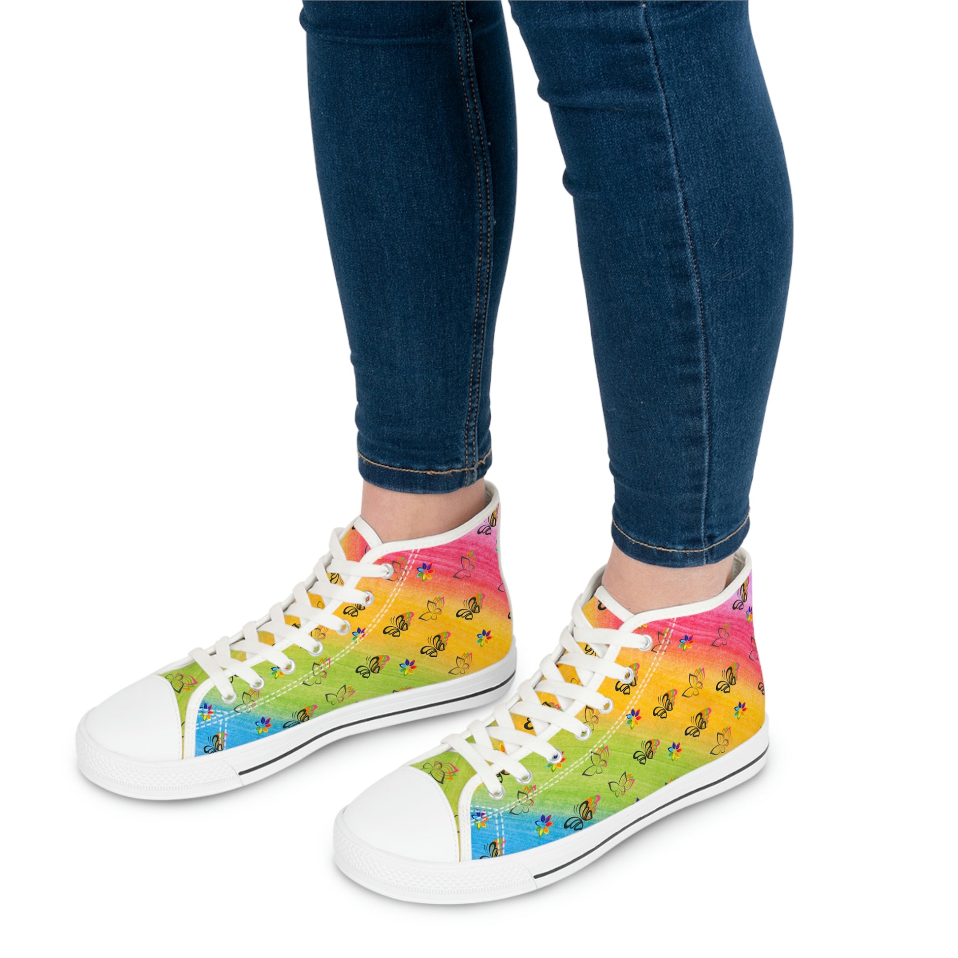 Rainbow Butterflies Women's High Top Canvas Shoes - Sneakers - White - On The Go