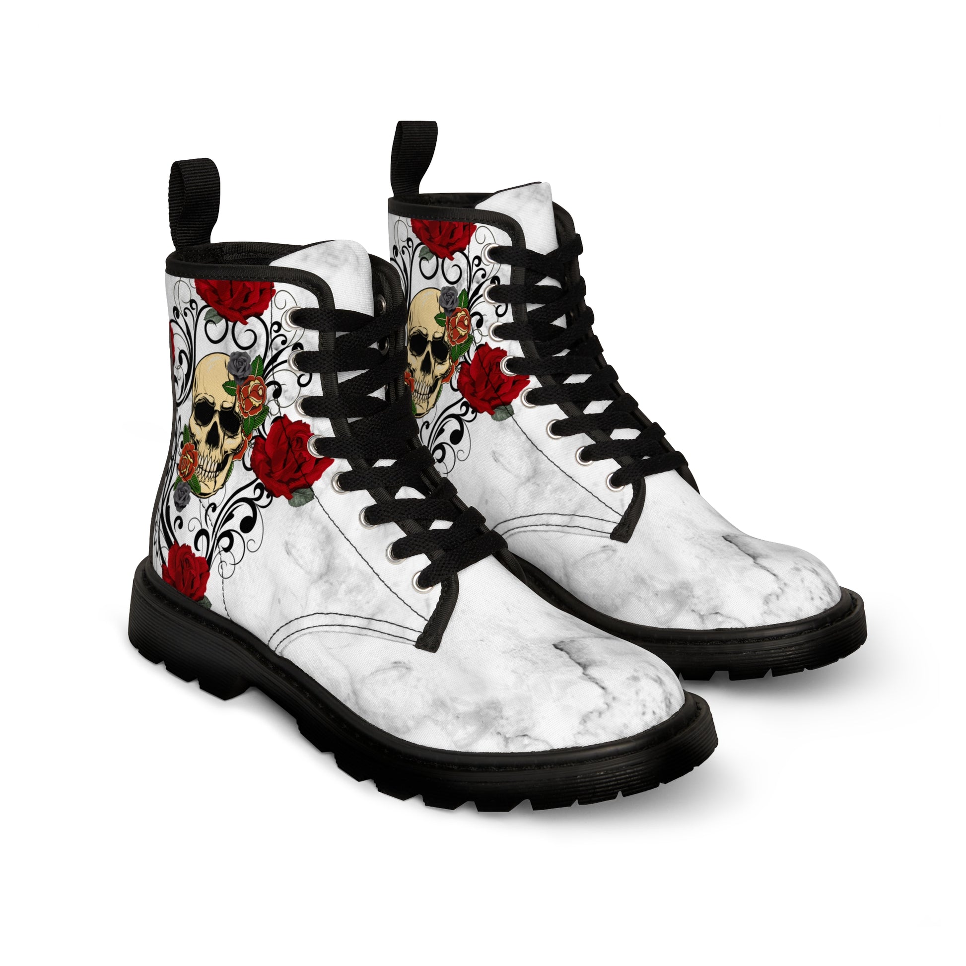 Skull &amp; Roses Women's Canvas Boots - Women’s Boots - Black - Left And Right