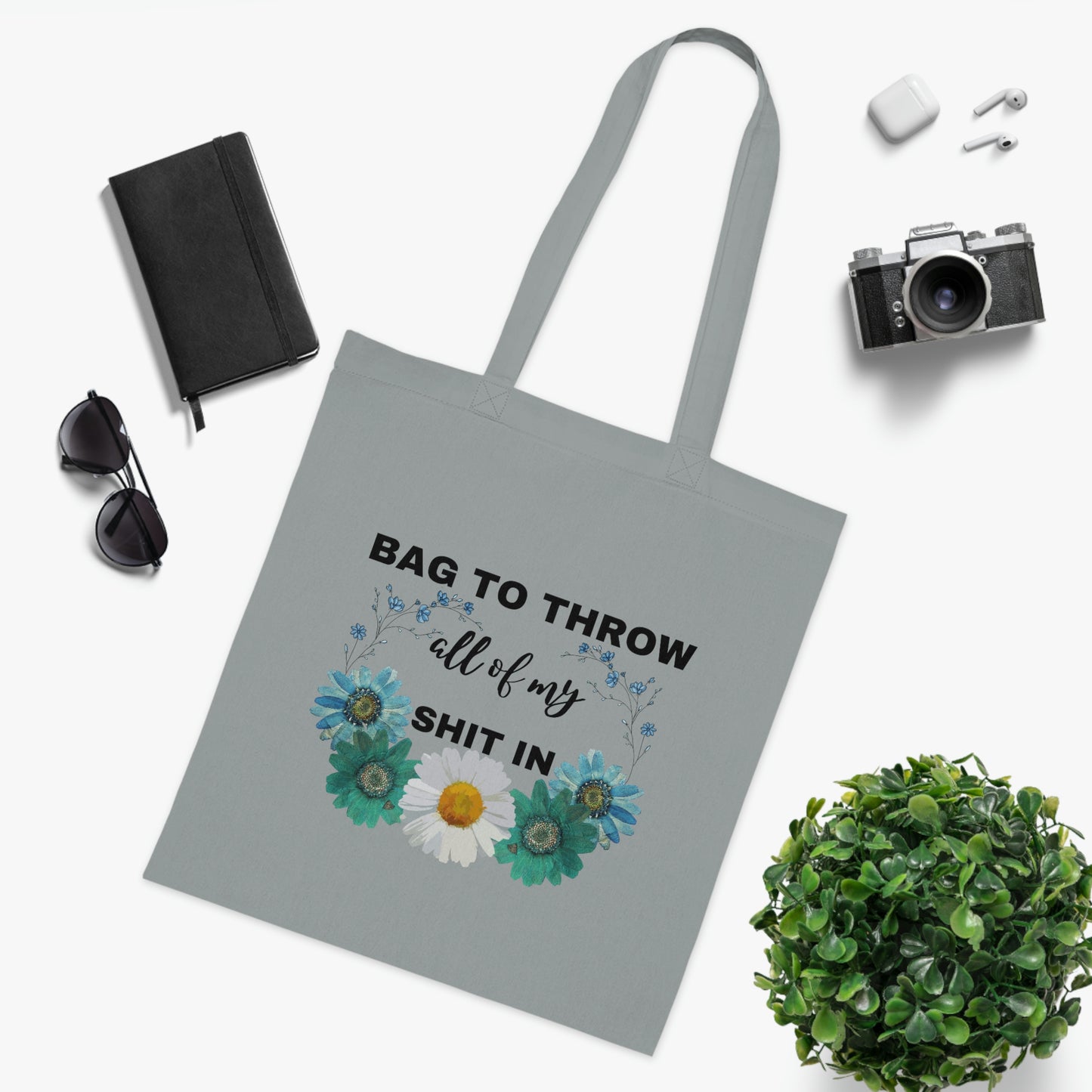 Flowery Canvas Tote Bag | Reusable Grocery Bag | Shoulder Bag | Cute Tote Bag | Grey