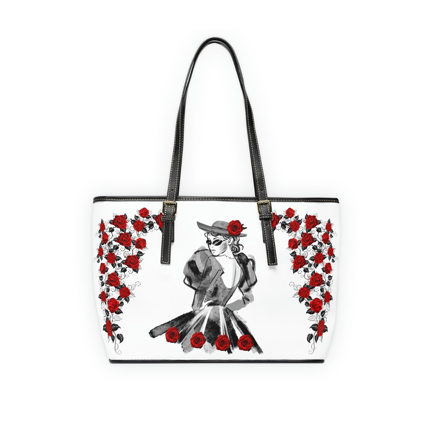 Lady Under The Roses PU Leather Shoulder Bag - Leather Tote Bag - Modern Tote Bag