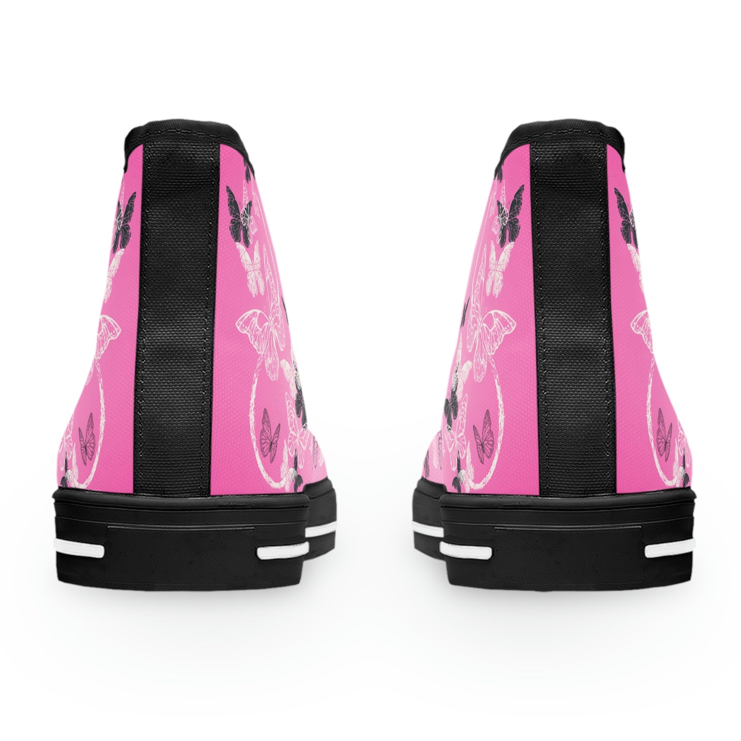 Pink Butterflies Women's High Top Canvas Shoes - Sneakers - Black - Back