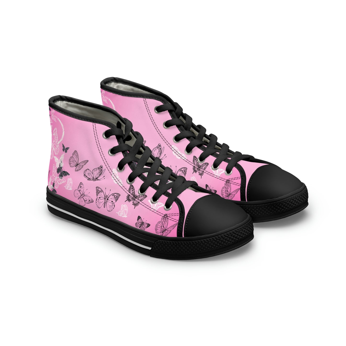 Pink Butterflies Women's High Top Canvas Shoes - Sneakers - Black