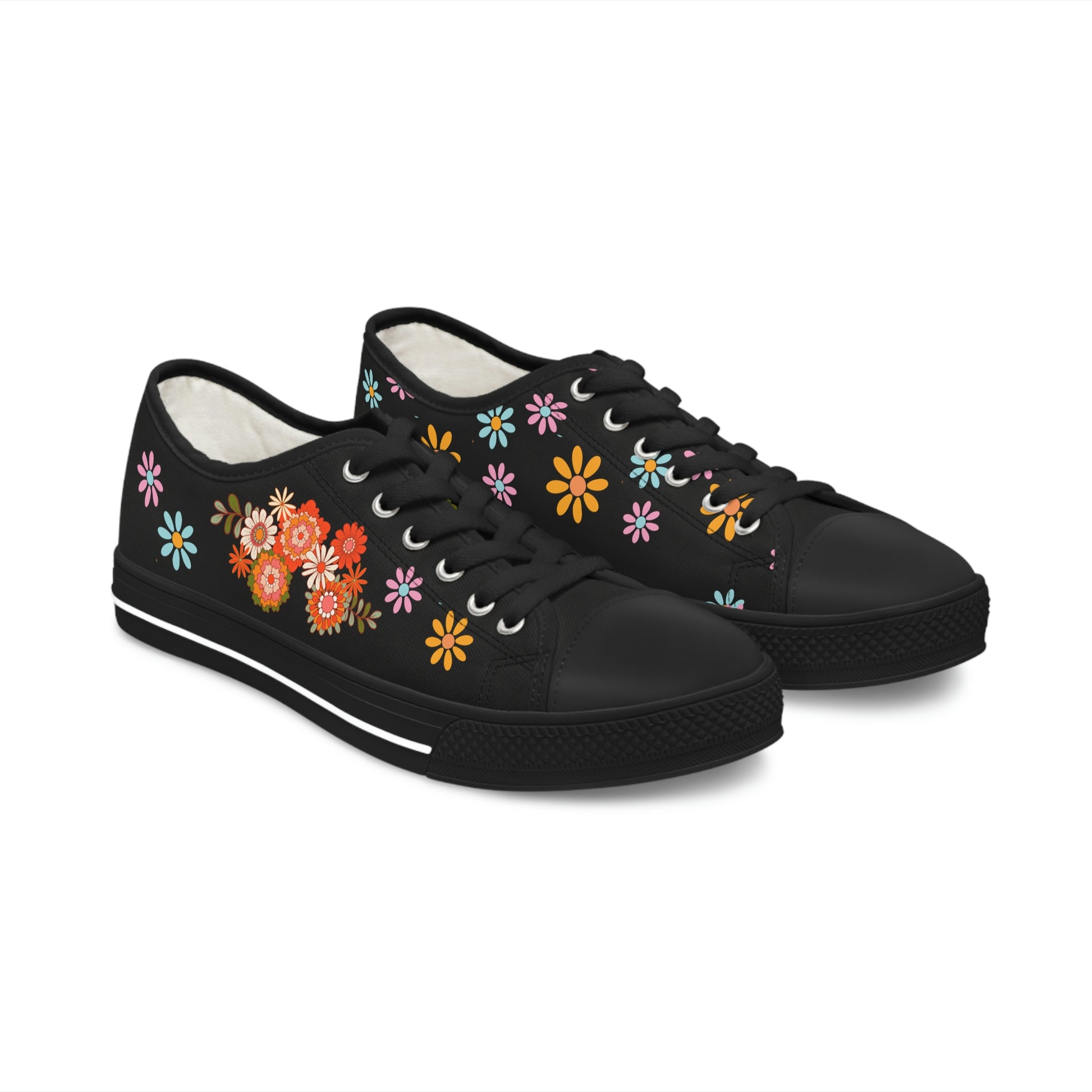 Colourful Flowers Womens Low Top Canvas Shoes | Sneakers | Black | Left and Right