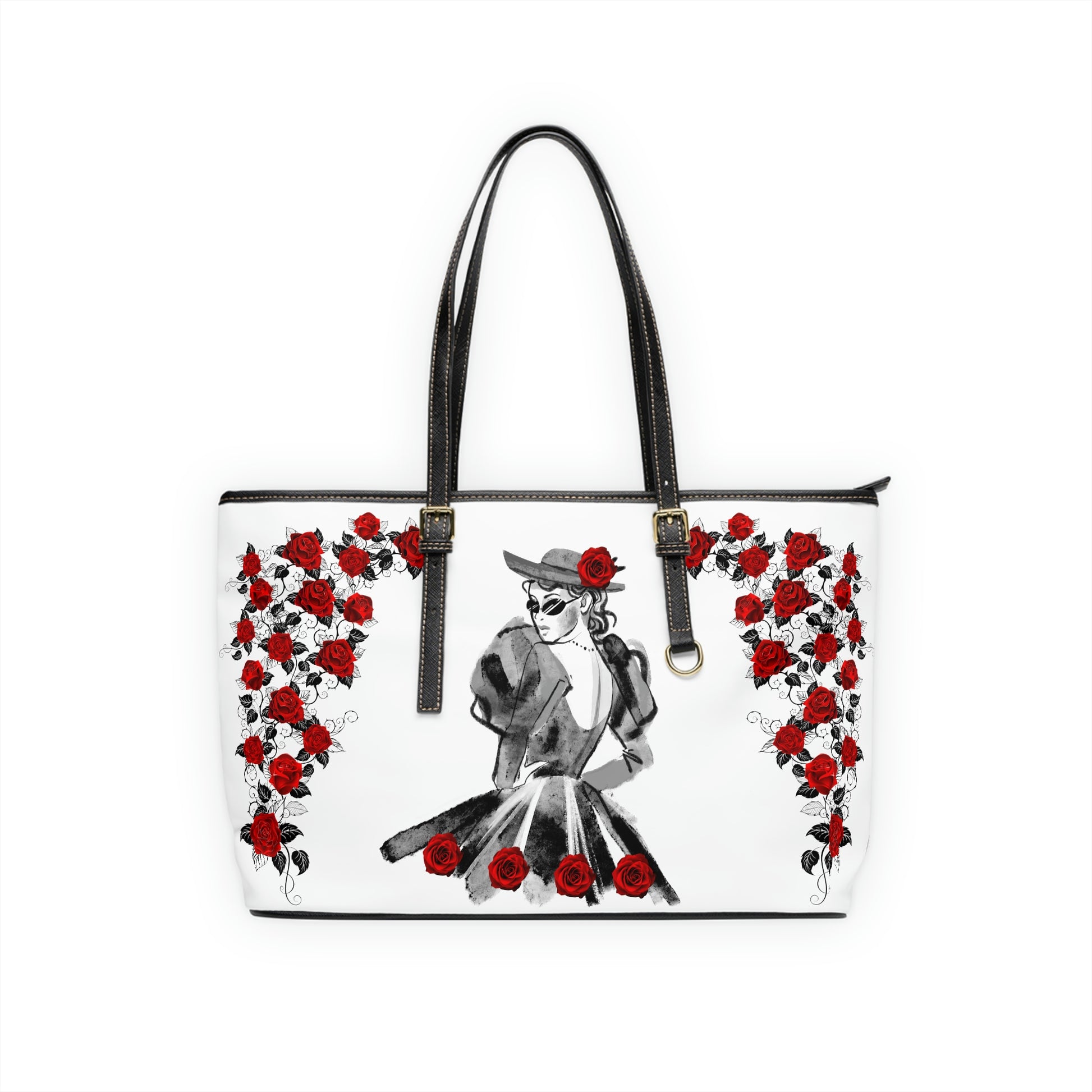 Lady Under The Roses PU Leather Shoulder Bag - Leather Tote Bag - Side