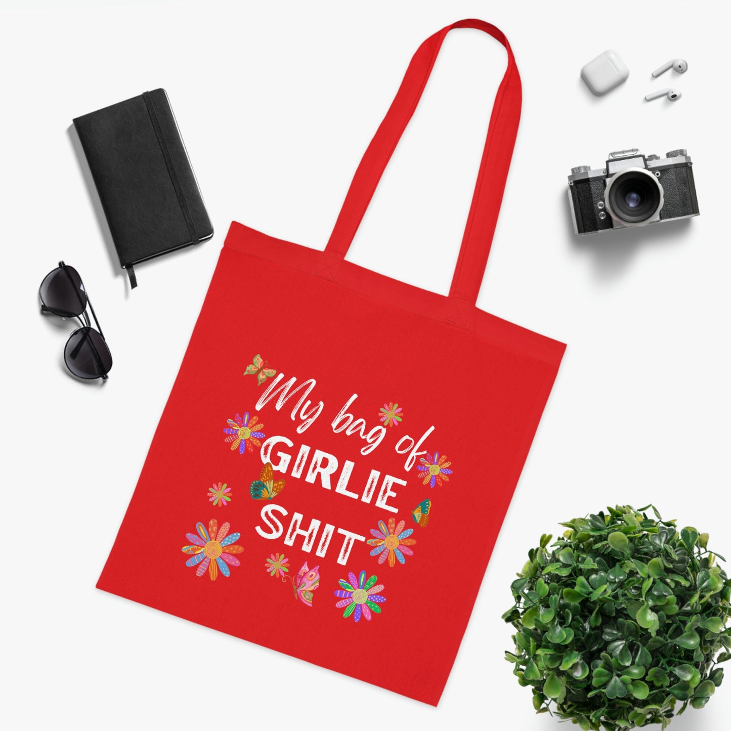 Girlie Shit Canvas Tote Bag | Reusable Grocery Bag | Shoulder Bag | Cute Tote Bag | Red