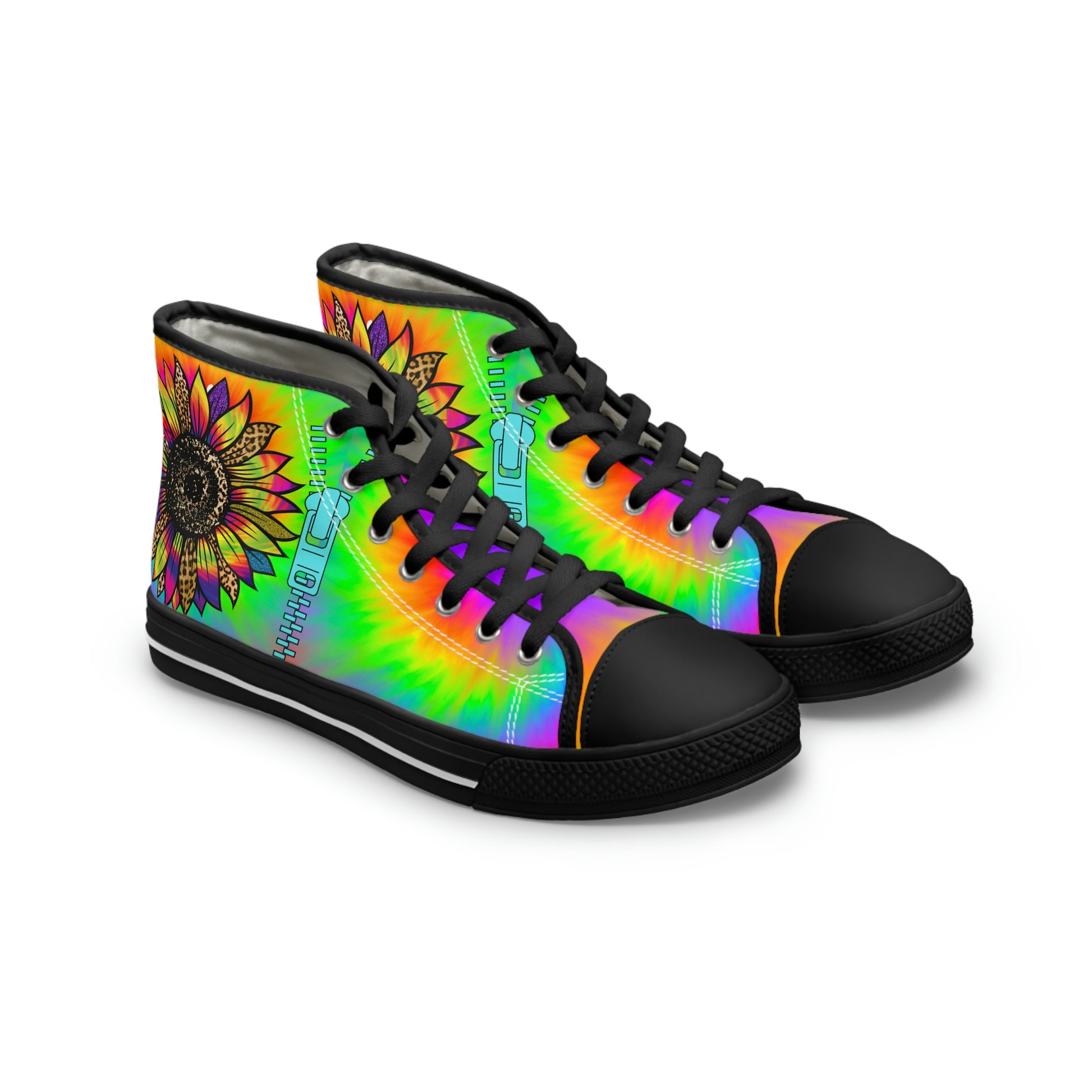 Rainbow Sunflower Women's High Top Canvas Shoes - Sneakers - Black - Left and Right