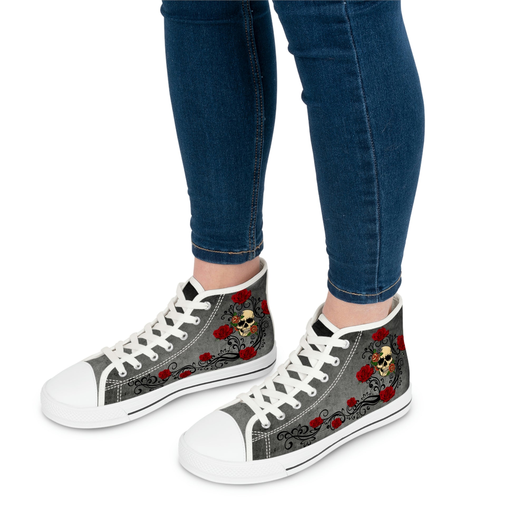 Skull&amp;Roses Women's High Top Canvas Shoes - Sneakers - White - On The Go