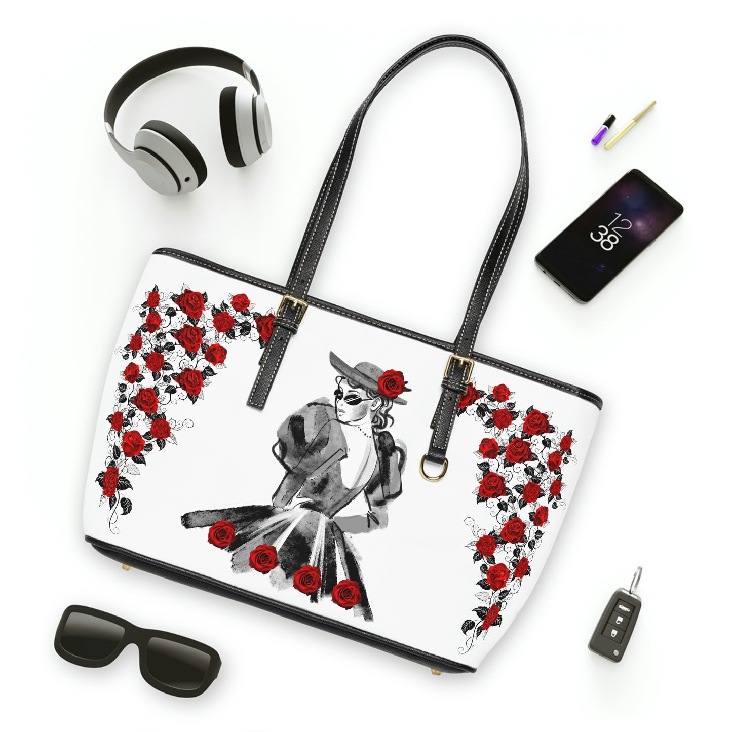 Lady Under The Roses PU Leather Shoulder Bag - Leather Tote Bag - Stylish Tote Bag