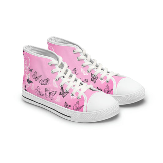 Pink Butterflies Women's High Top Canvas Shoes - Sneakers - White