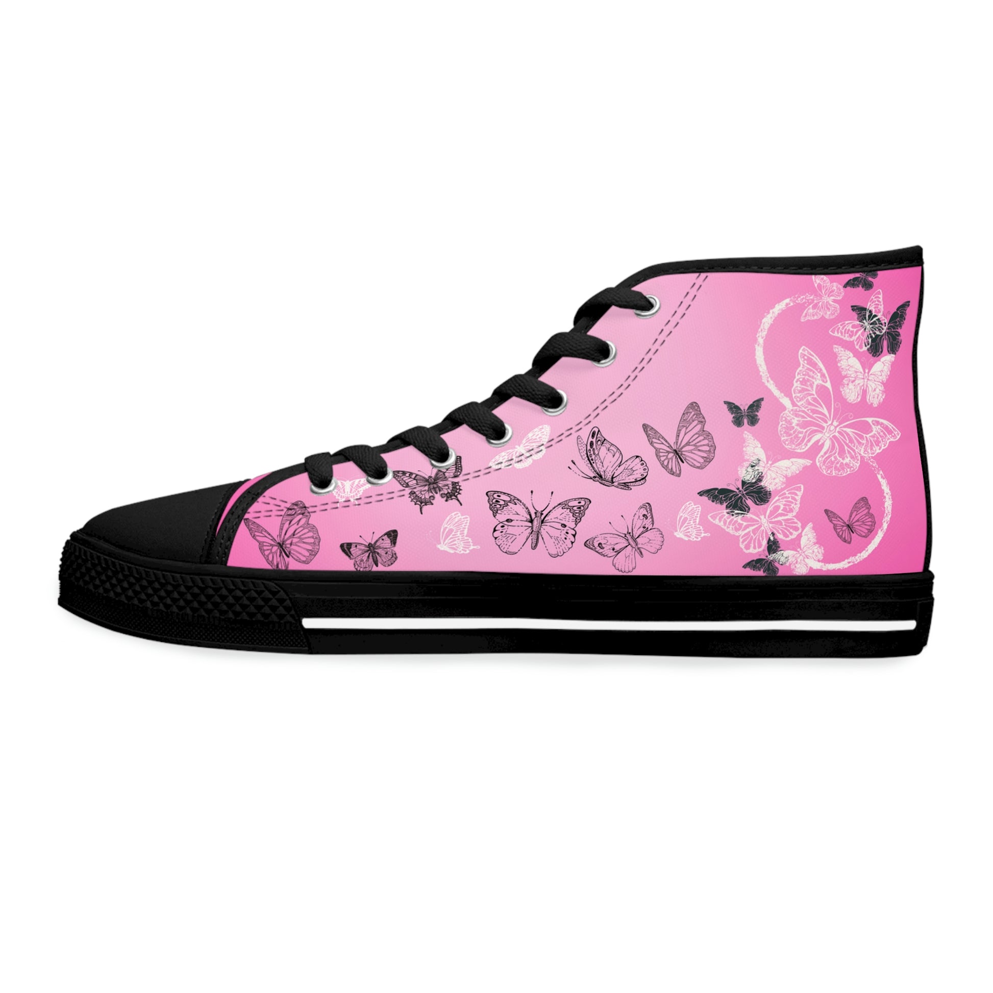 Pink Butterflies Women's High Top Canvas Shoes - Sneakers - Black - Left