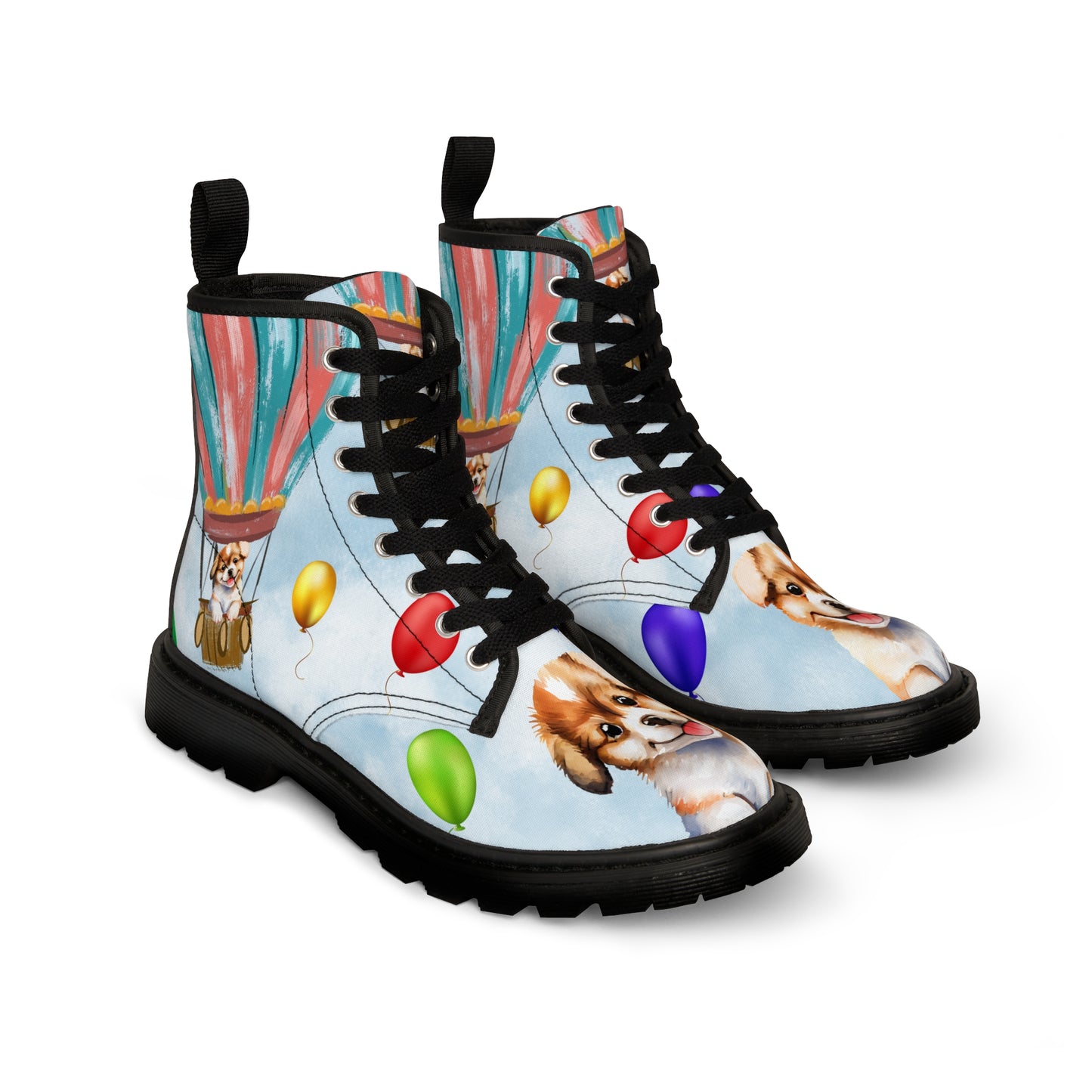 Puppy in The Hot Air Balloon Women's Canvas Boots - Women’s Boots - Black - Left And Right