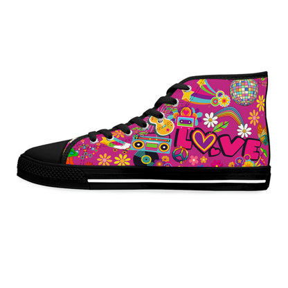 Retro Hippie Women's High Top Canvas Shoes - Sneakers - Black - Left