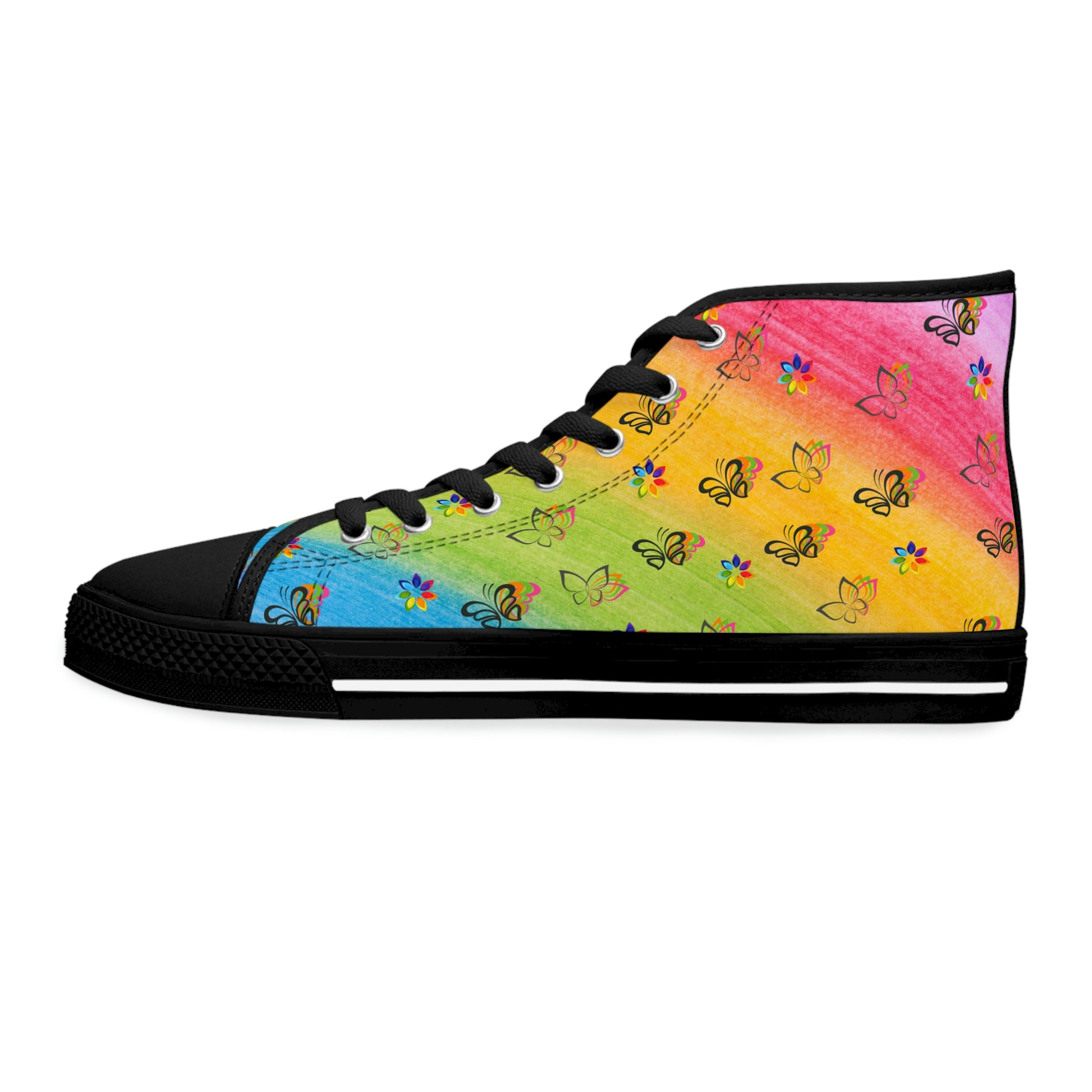 Rainbow Butterflies Women's High Top Canvas Shoes - Sneakers - Black - Left