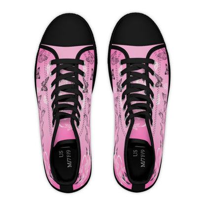 Pink Butterflies Women's High Top Canvas Shoes - Sneakers - Black - Top