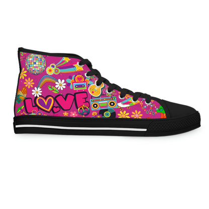 Retro Hippie Women's High Top Canvas Shoes - Sneakers - Black - Right