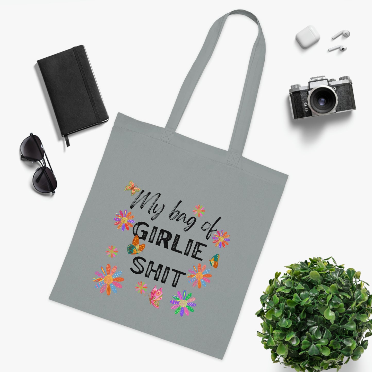 Girlie Shit Canvas Tote Bag | Reusable Grocery Bag | Shoulder Bag | Cute Tote Bag | Grey