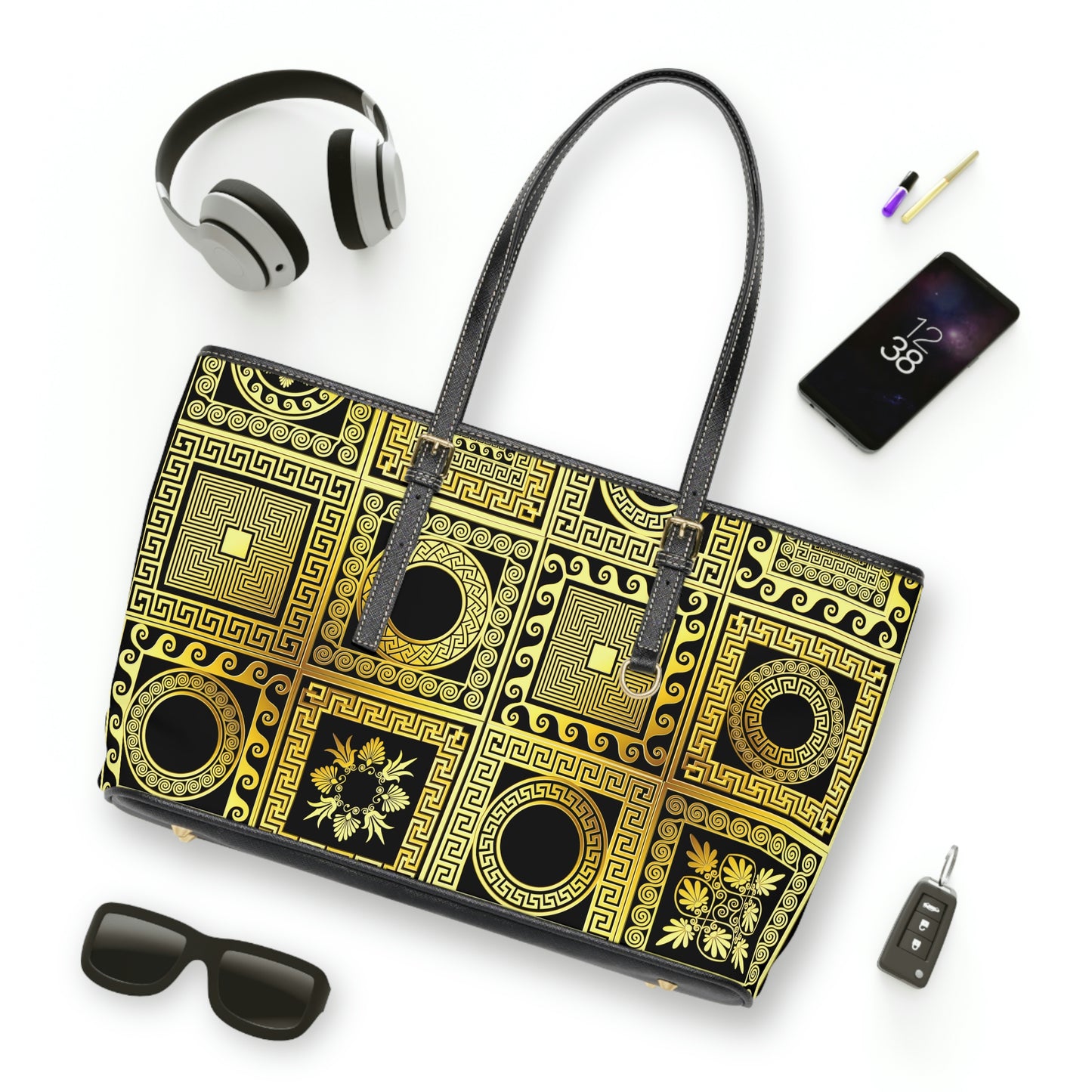 Black &amp; Gold PU Leather Shoulder Bag - Leather Tote Bag