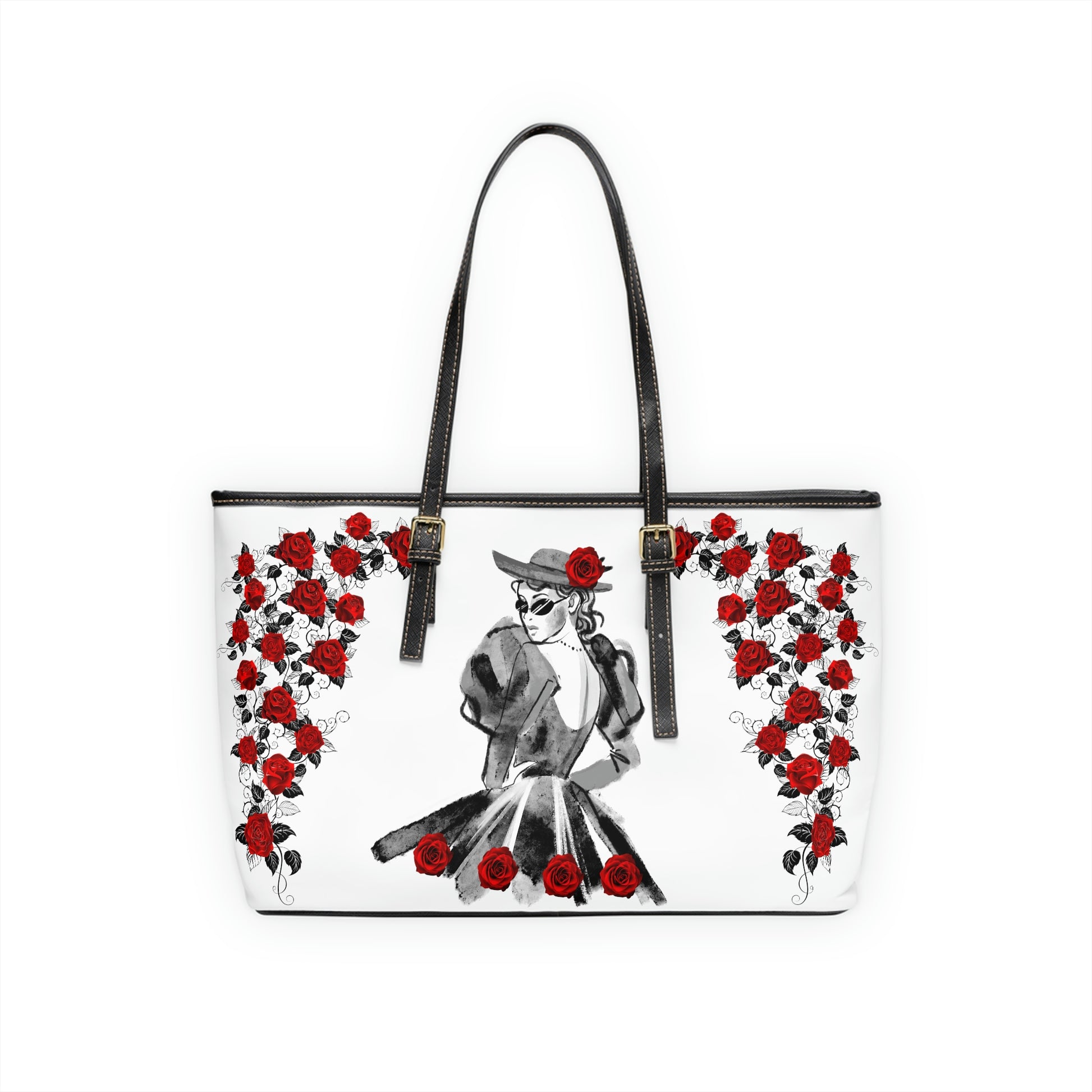 Lady Under The Roses PU Leather Shoulder Bag - Leather Tote Bag - Modern Bag