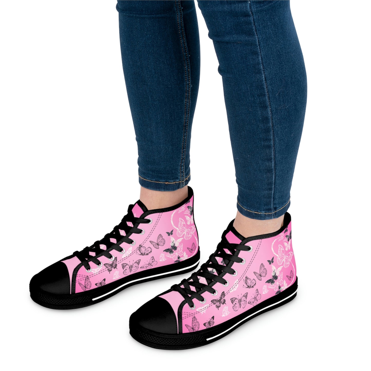 Pink Butterflies Women's High Top Canvas Shoes - Sneakers - Black - On The Go