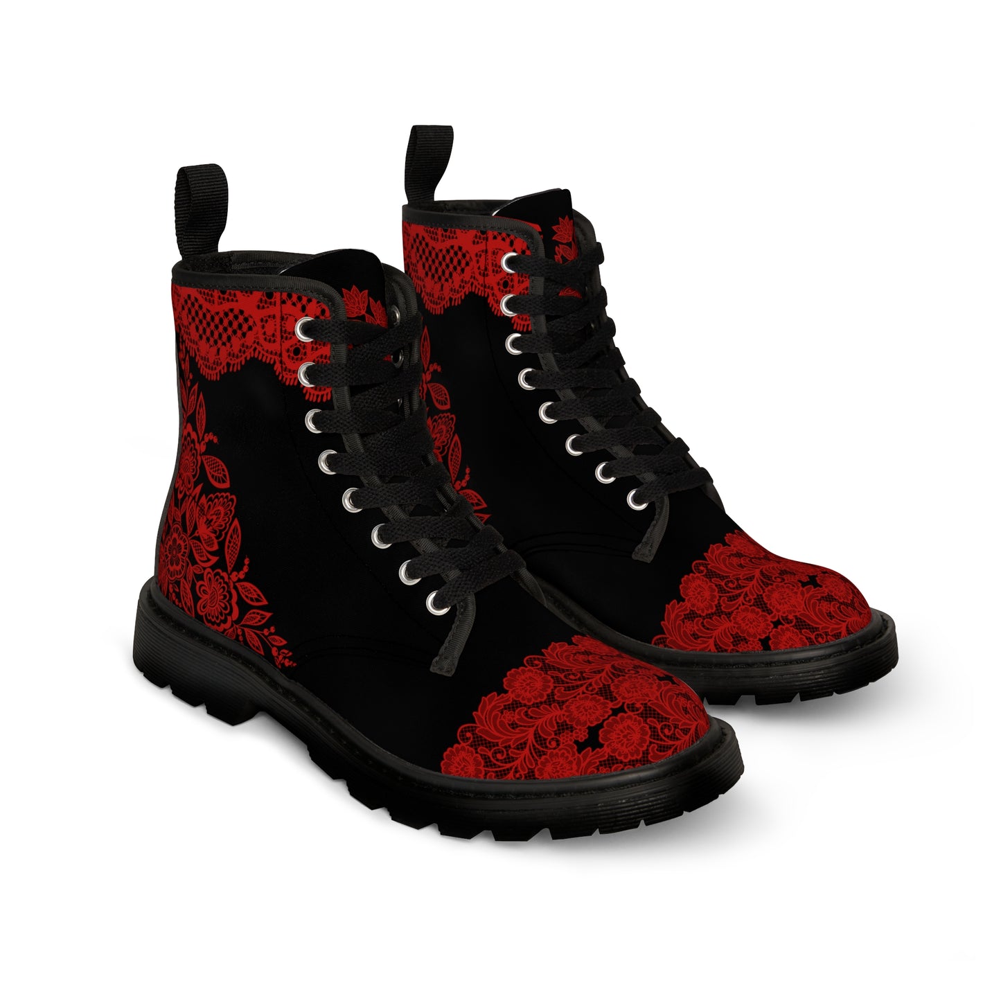 Red Lace Women's Canvas Boots - Women’s Boots - Black - Left And Right