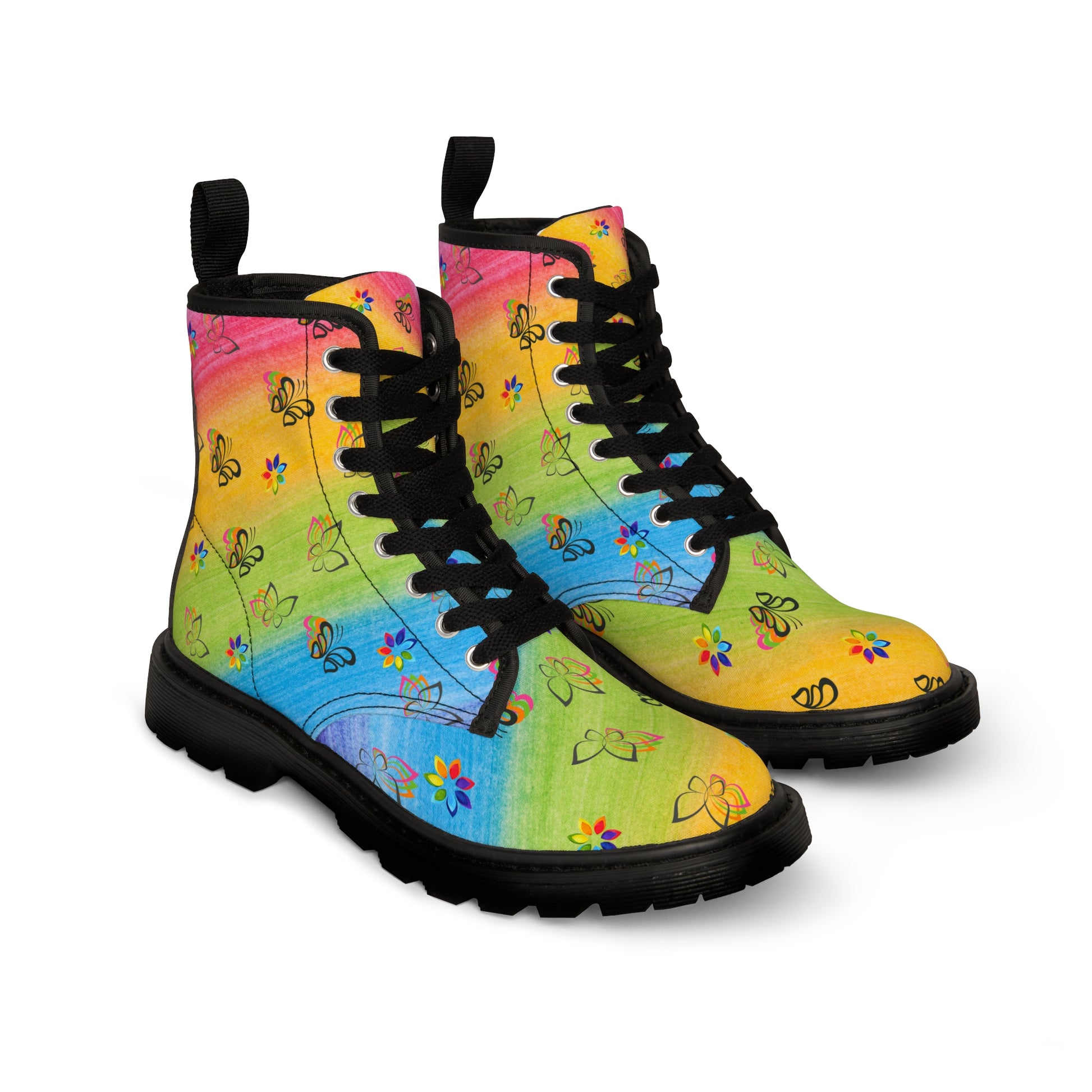 Colourful Butterflies Women's Canvas Boots - Women’s Boots - Black - Left And Right