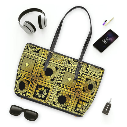 Black &amp; Gold PU Leather Shoulder Bag - Leather Tote Bag - Shoulder Tote Bag