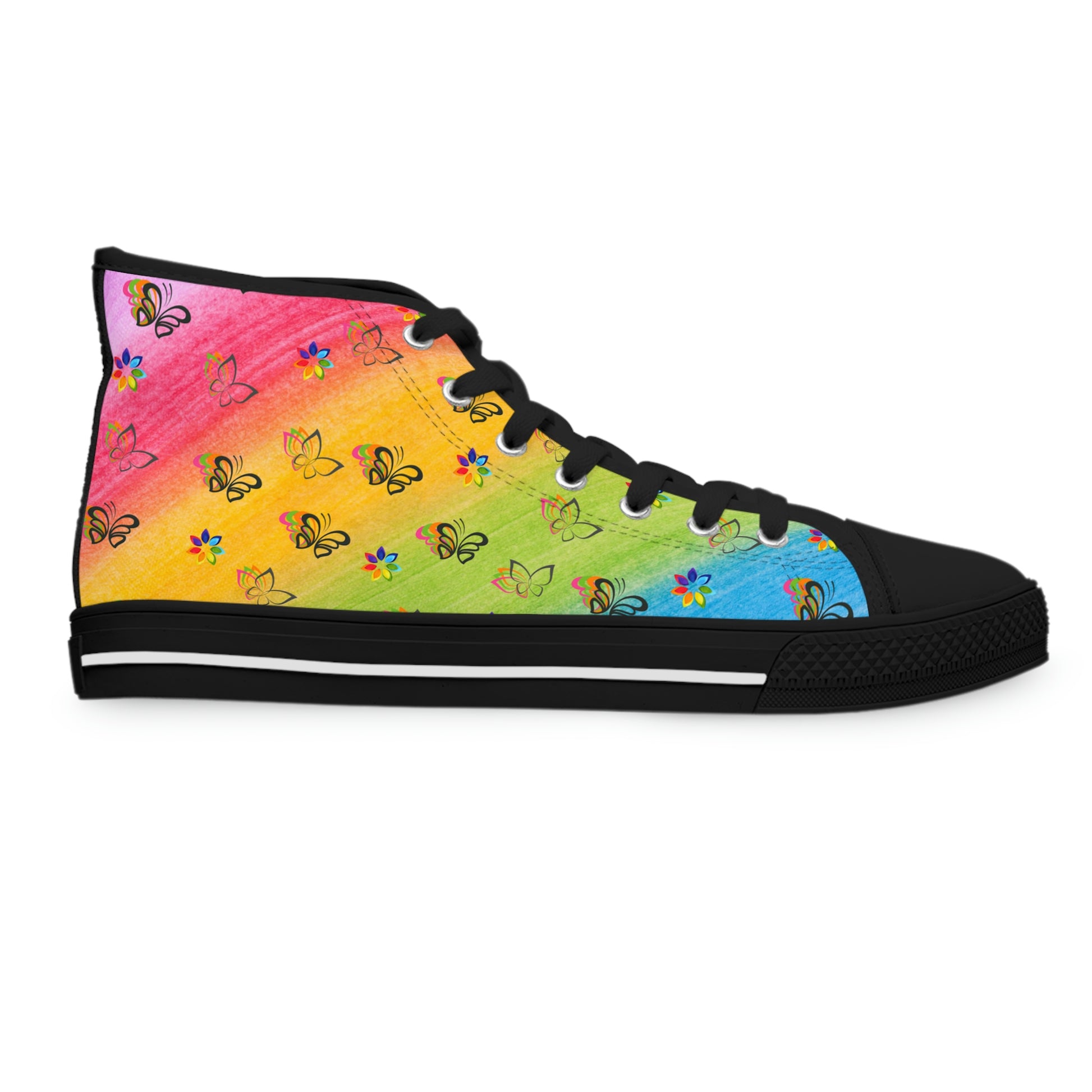 Rainbow Butterflies Women's High Top Canvas Shoes - Sneakers - Black - Right