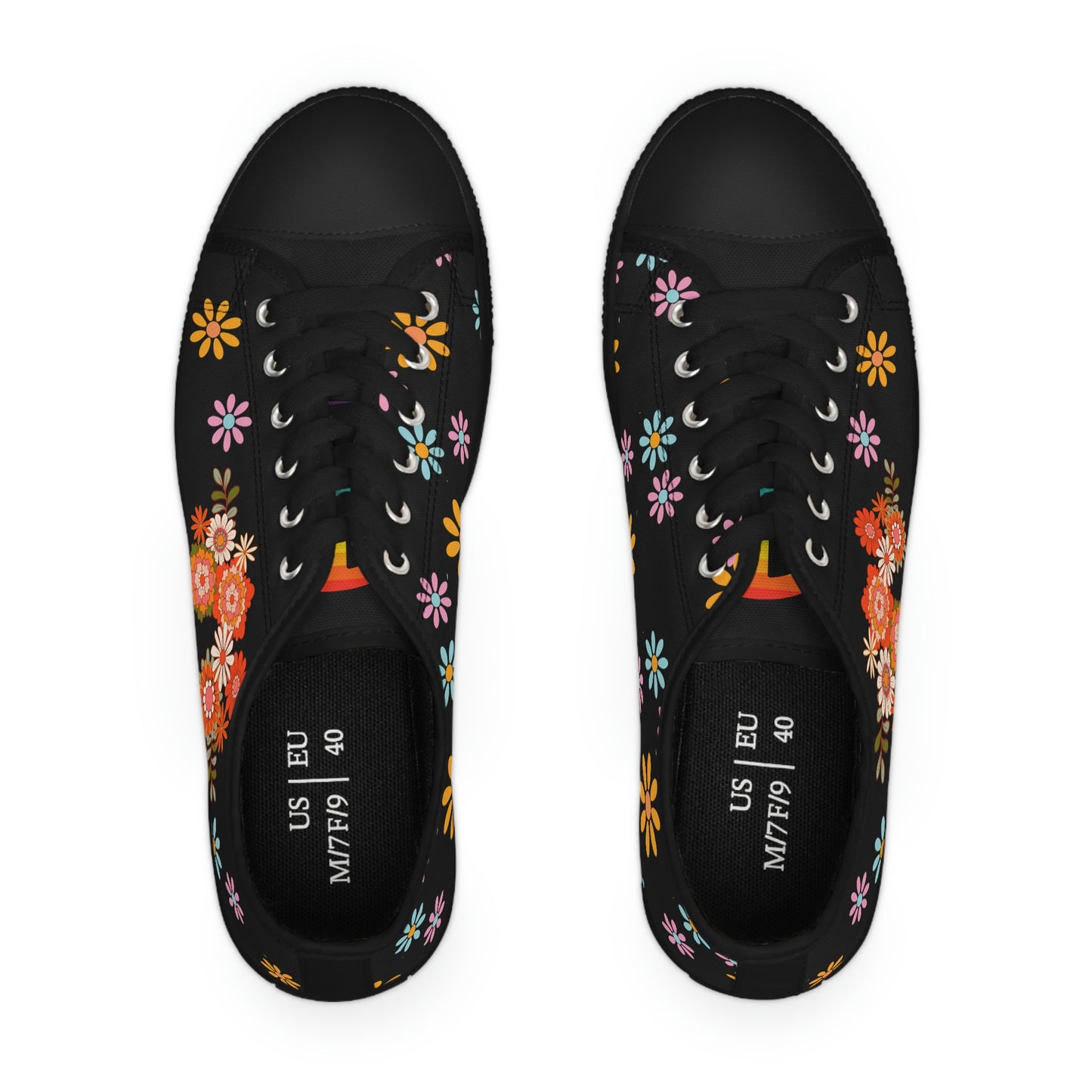 Colourful Flowers Womens Low Top Canvas Shoes | Sneakers | Black | Top